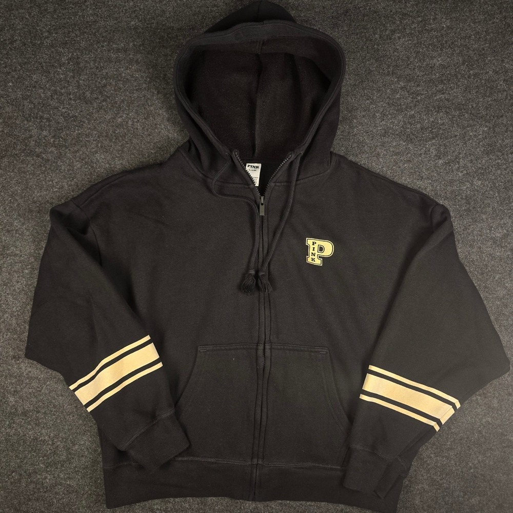 Victoria's Secret PINK Women's Black Zip Hoodie Stripe Sleeve Cozy Fleece Size M